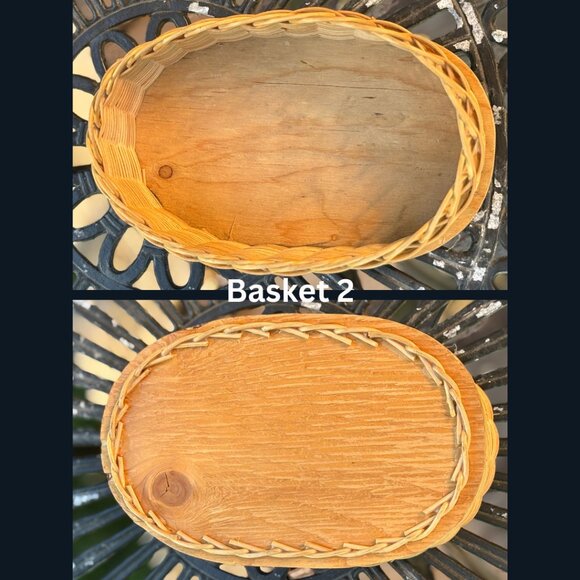 Vintage Wicker Basket Set of 3 Oval Shaped Boho Storage Bins with Wood Bases - Picture 9 of 11